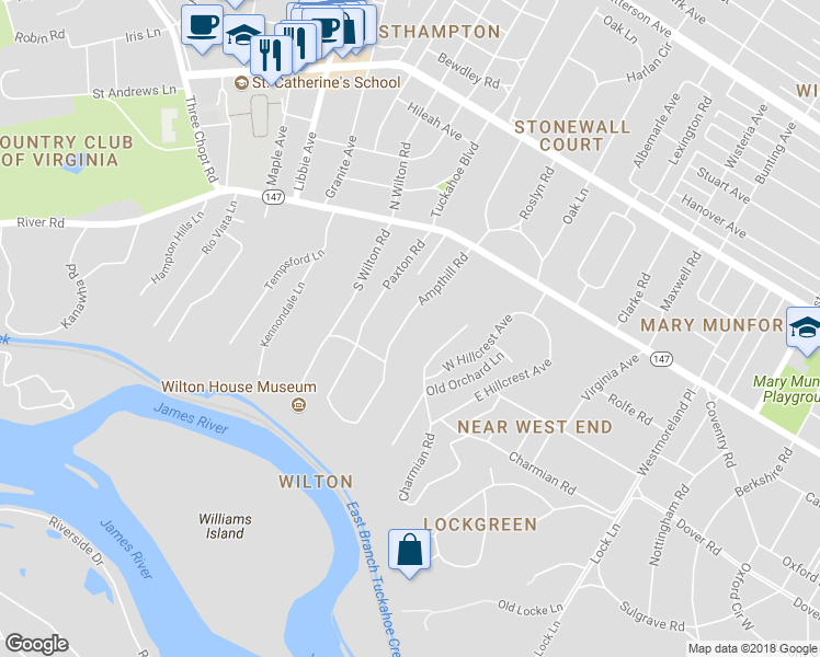 map of restaurants, bars, coffee shops, grocery stores, and more near 19 Ampthill Road in Richmond