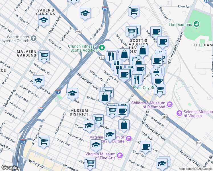 map of restaurants, bars, coffee shops, grocery stores, and more near 3231 West Grace Street in Richmond