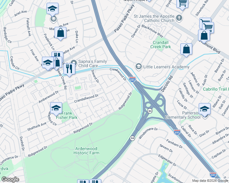 map of restaurants, bars, coffee shops, grocery stores, and more near 4808 Mendocino Terrace in Fremont