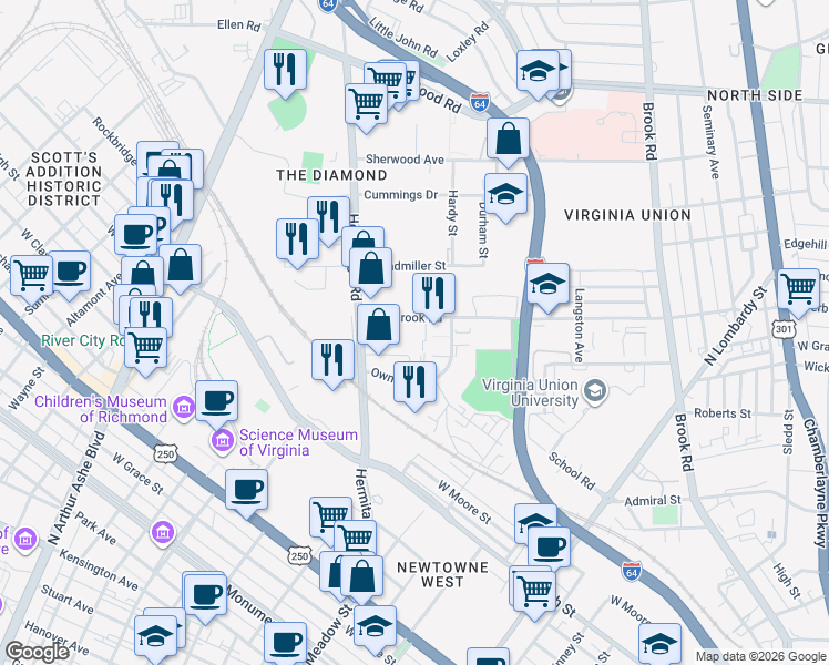 map of restaurants, bars, coffee shops, grocery stores, and more near 1601 Overbrook Road in Richmond