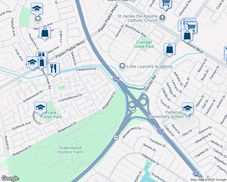 map of restaurants, bars, coffee shops, grocery stores, and more near 4785 Ridgewood Drive in Fremont