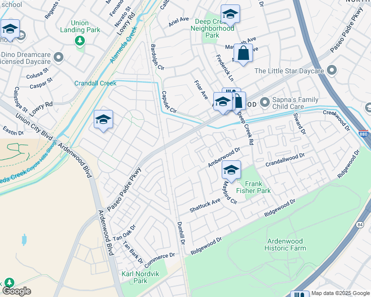 map of restaurants, bars, coffee shops, grocery stores, and more near 34157 Donahue Terrace in Fremont