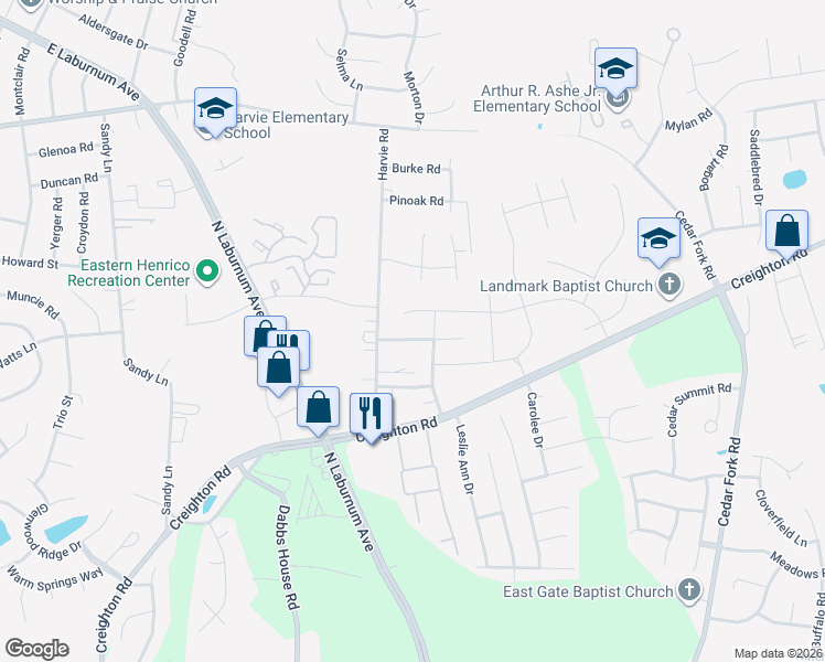 map of restaurants, bars, coffee shops, grocery stores, and more near 4001 Harvest Crest Drive in Richmond