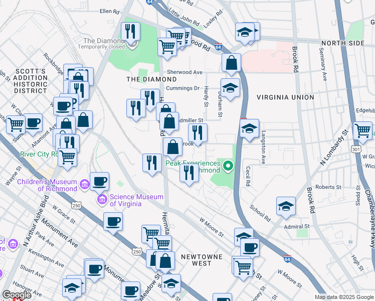 map of restaurants, bars, coffee shops, grocery stores, and more near 1601 Overbrook Road in Richmond