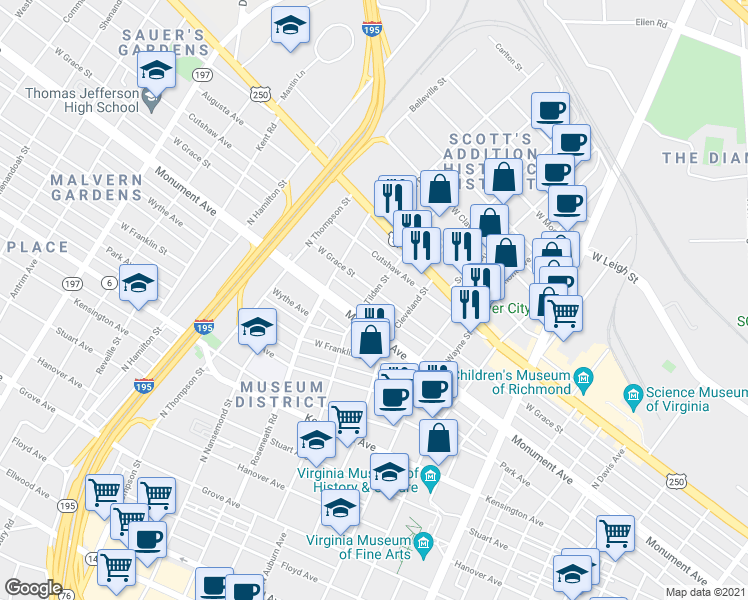 map of restaurants, bars, coffee shops, grocery stores, and more near 3215 Monument Avenue West in Richmond