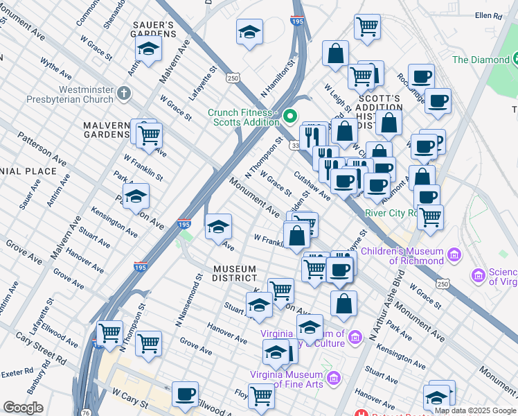 map of restaurants, bars, coffee shops, grocery stores, and more near 3400 Wythe Avenue in Richmond