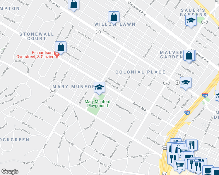 map of restaurants, bars, coffee shops, grocery stores, and more near 4412 Grove Avenue in Richmond