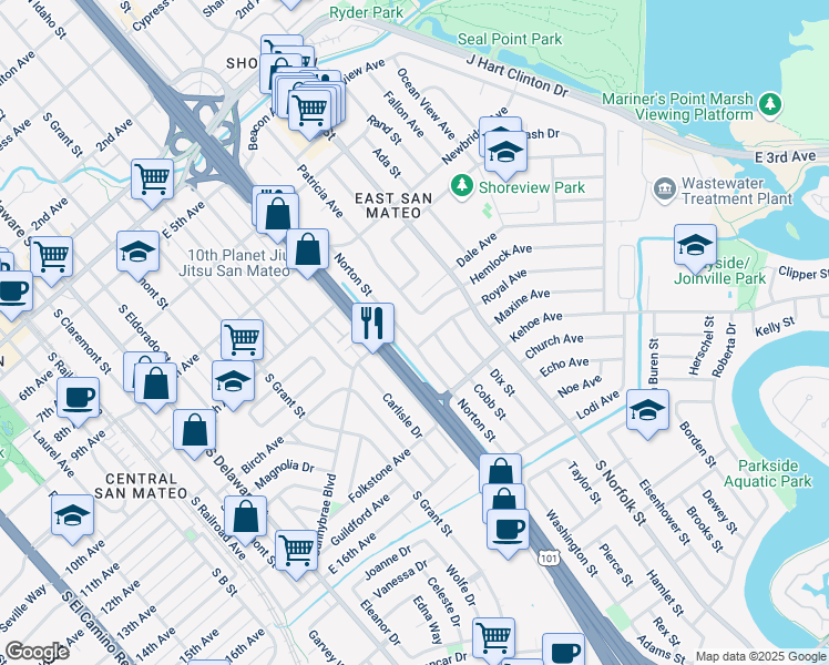 map of restaurants, bars, coffee shops, grocery stores, and more near 1308 Royal Avenue in San Mateo