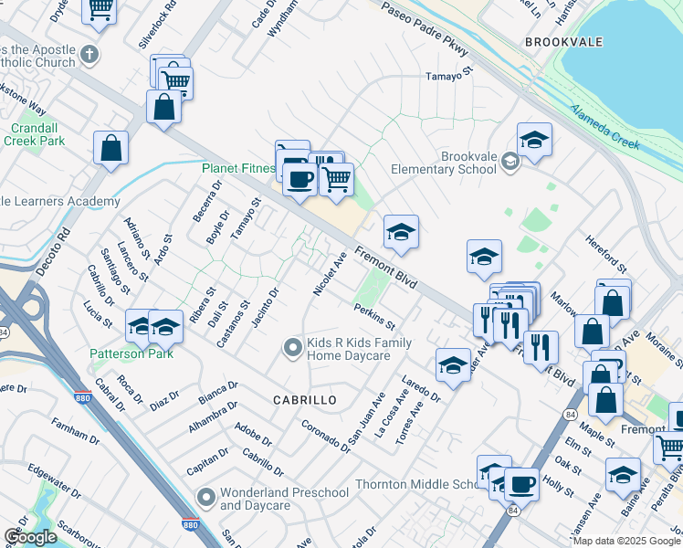 map of restaurants, bars, coffee shops, grocery stores, and more near 35995 Fremont Boulevard in Fremont