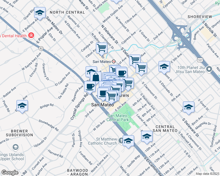 map of restaurants, bars, coffee shops, grocery stores, and more near 136 2nd Avenue in San Mateo