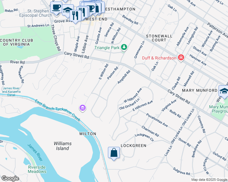 map of restaurants, bars, coffee shops, grocery stores, and more near 19 Ampthill Road in Richmond