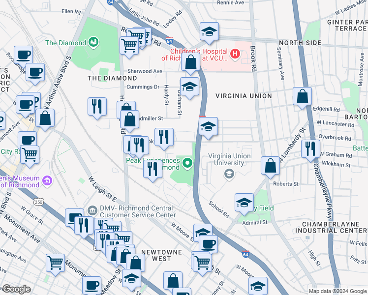map of restaurants, bars, coffee shops, grocery stores, and more near 1401 Overbrook Road in Richmond