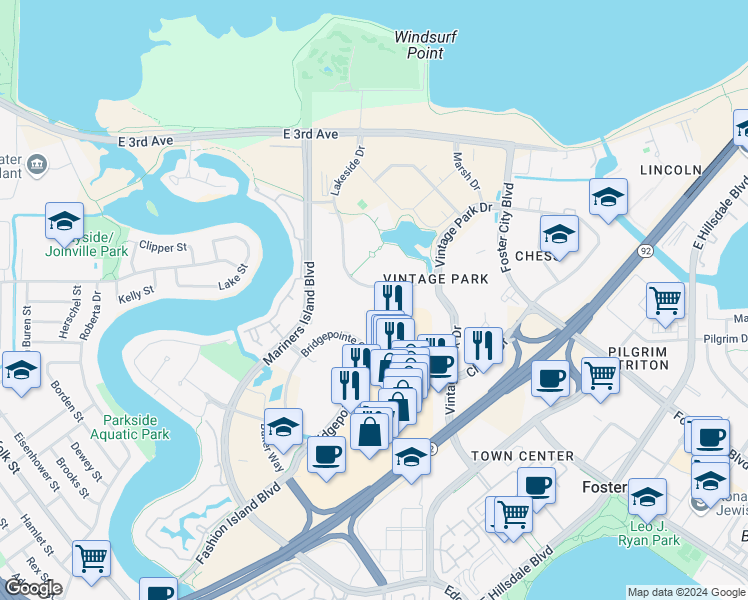 map of restaurants, bars, coffee shops, grocery stores, and more near 362 Lakeside Drive in Foster City