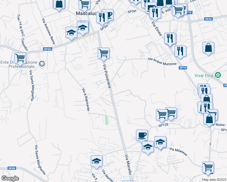 map of restaurants, bars, coffee shops, grocery stores, and more near 47 Via Corridoni Filippo in Gravina di Catania