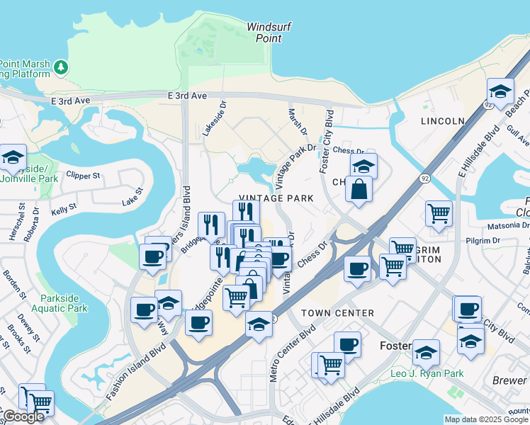 map of restaurants, bars, coffee shops, grocery stores, and more near 368 Lakeside Drive in Foster City