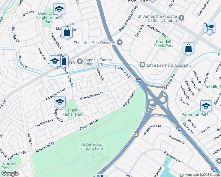 map of restaurants, bars, coffee shops, grocery stores, and more near 34722 Siward Drive in Fremont