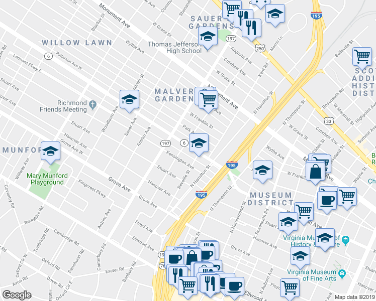 map of restaurants, bars, coffee shops, grocery stores, and more near 3915 Patterson Avenue in Richmond