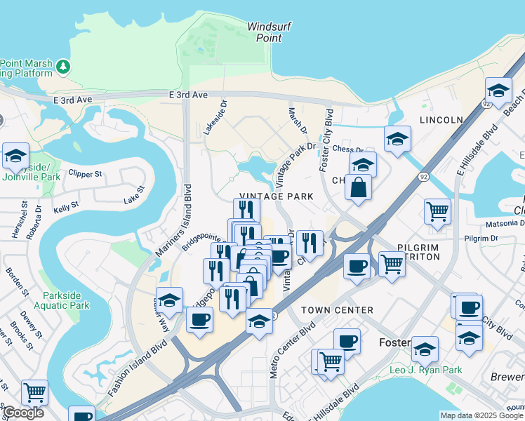 map of restaurants, bars, coffee shops, grocery stores, and more near 368 Lakeside Drive in Foster City