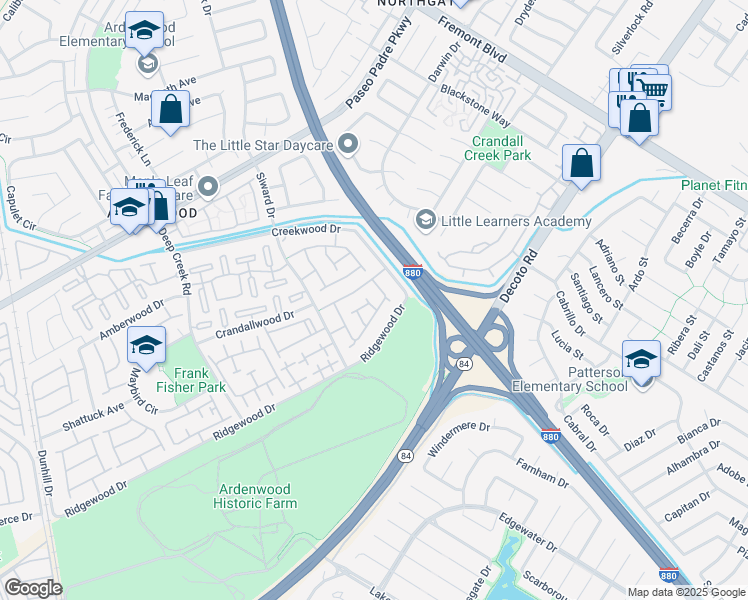 map of restaurants, bars, coffee shops, grocery stores, and more near 34768 Swain Common in Fremont