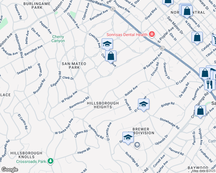 map of restaurants, bars, coffee shops, grocery stores, and more near 320 West Santa Inez Avenue in Hillsborough