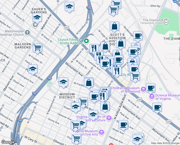 map of restaurants, bars, coffee shops, grocery stores, and more near 3233 West Grace Street in Richmond