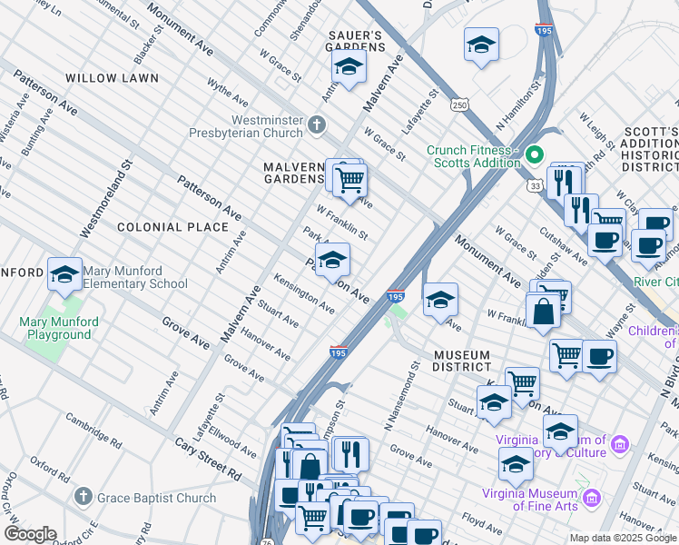 map of restaurants, bars, coffee shops, grocery stores, and more near 3908 Patterson Avenue in Richmond