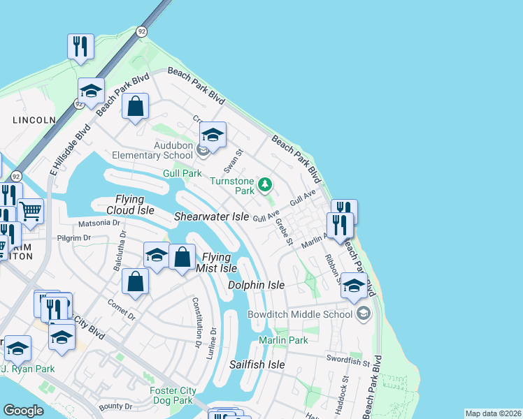 map of restaurants, bars, coffee shops, grocery stores, and more near 298 Turnstone Court in Foster City