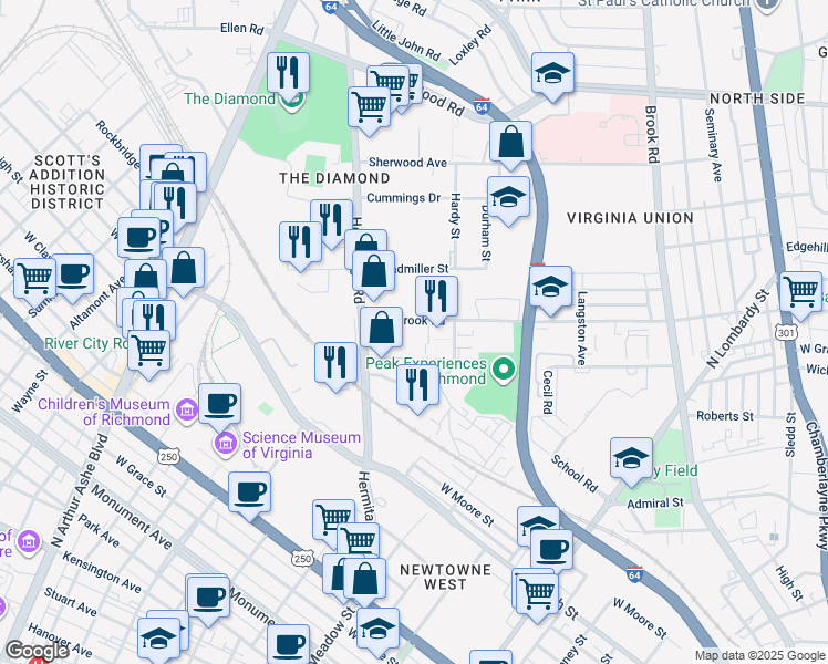 map of restaurants, bars, coffee shops, grocery stores, and more near 1601 Overbrook Road in Richmond