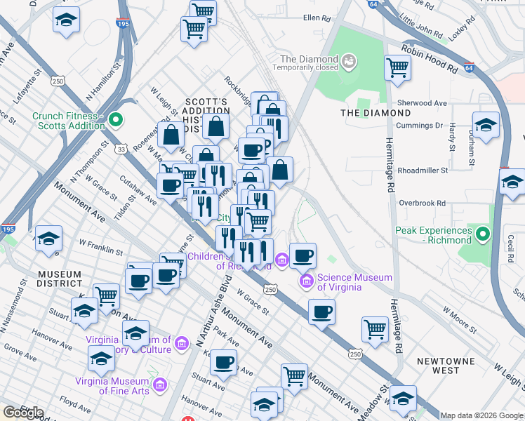 map of restaurants, bars, coffee shops, grocery stores, and more near 1117 North Arthur Ashe Boulevard in Richmond