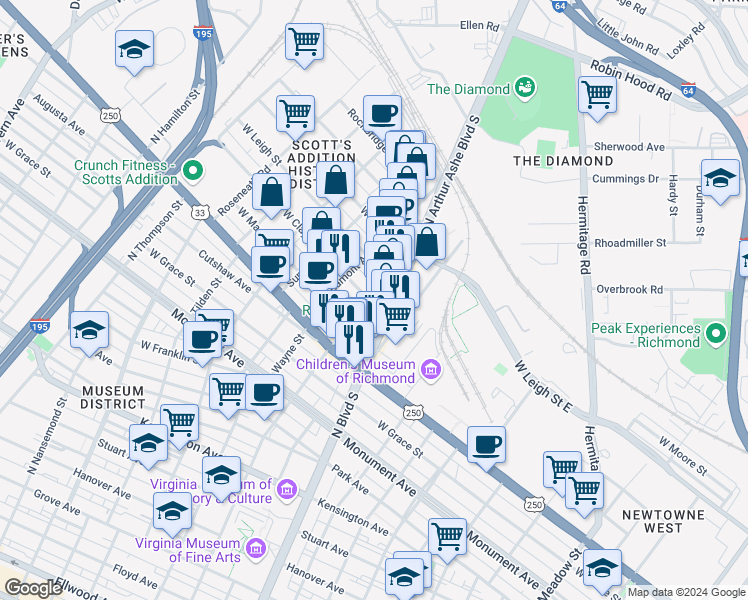 map of restaurants, bars, coffee shops, grocery stores, and more near 1117 North Arthur Ashe Boulevard in Richmond