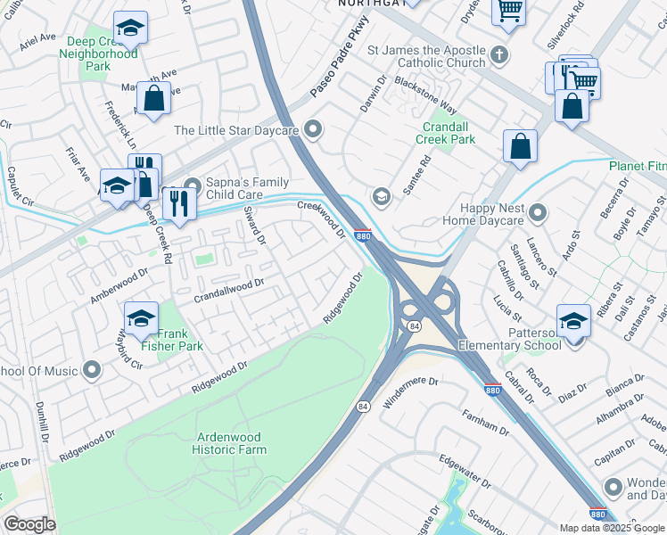 map of restaurants, bars, coffee shops, grocery stores, and more near 34768 Swain Common in Fremont