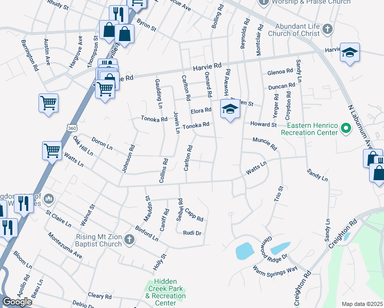 map of restaurants, bars, coffee shops, grocery stores, and more near 3103 Carlton Rd in Richmond
