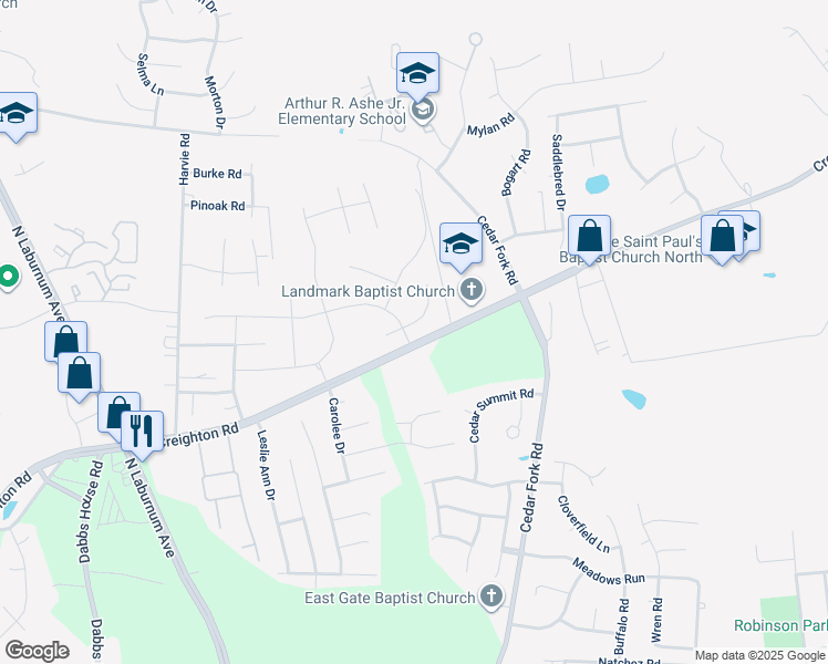 map of restaurants, bars, coffee shops, grocery stores, and more near 1901 Weatherfield Way in Richmond