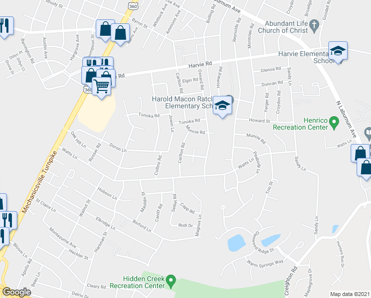 map of restaurants, bars, coffee shops, grocery stores, and more near 3103 Carlton Road in Richmond