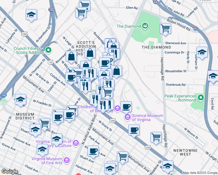 map of restaurants, bars, coffee shops, grocery stores, and more near 1117 North Arthur Ashe Boulevard in Richmond