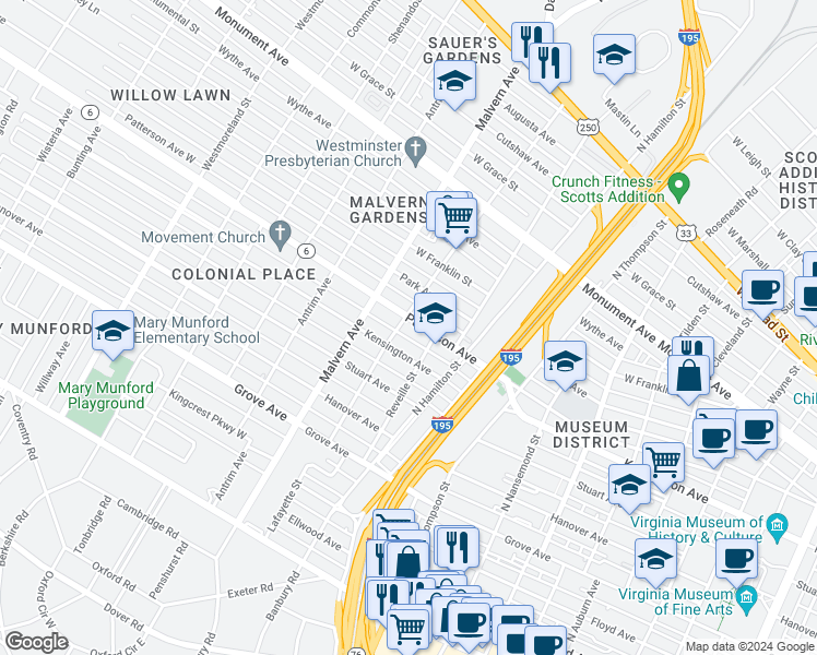 map of restaurants, bars, coffee shops, grocery stores, and more near 3917 Patterson Avenue in Richmond