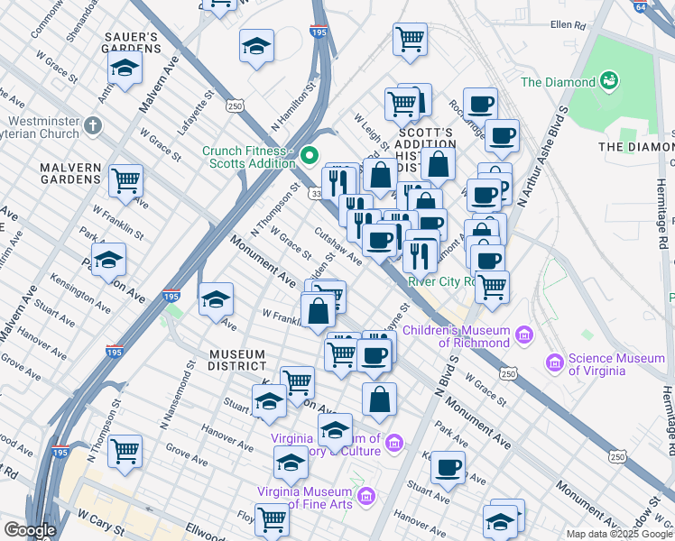 map of restaurants, bars, coffee shops, grocery stores, and more near 3220 West Grace Street in Richmond