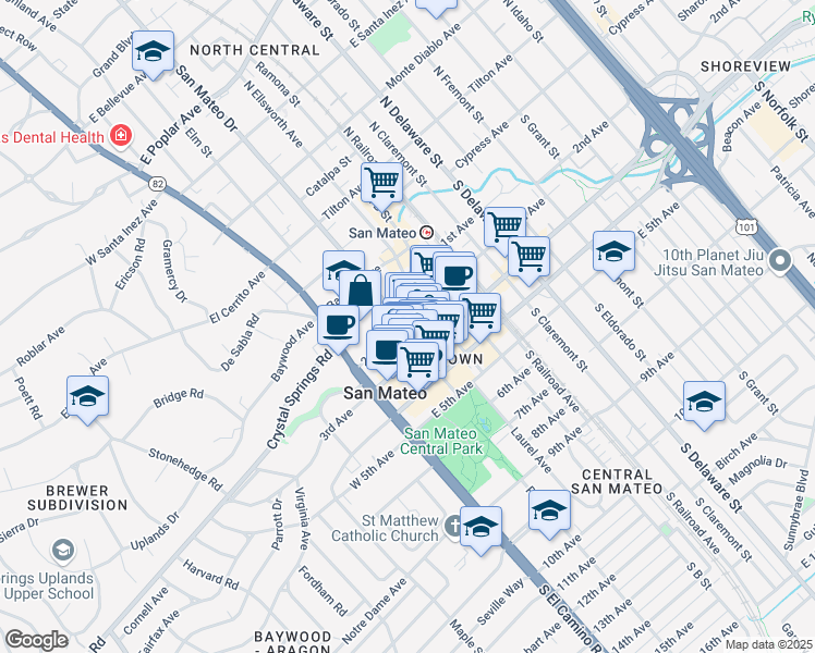 map of restaurants, bars, coffee shops, grocery stores, and more near 136 2nd Avenue in San Mateo