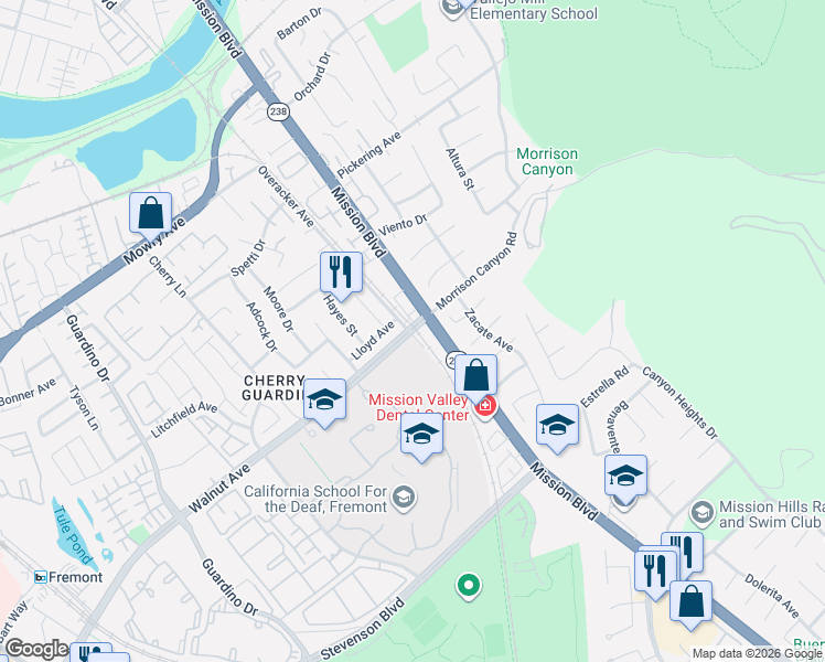 map of restaurants, bars, coffee shops, grocery stores, and more near 184 Walnut Avenue in Fremont