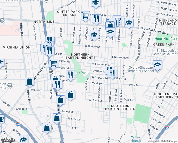 map of restaurants, bars, coffee shops, grocery stores, and more near 2401 The Terrace in Richmond