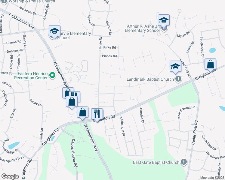 map of restaurants, bars, coffee shops, grocery stores, and more near 4001 Harvest Crest Drive in Richmond