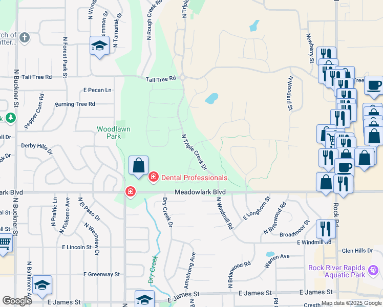 map of restaurants, bars, coffee shops, grocery stores, and more near 1024-1320 East Meadowlark Street in Derby