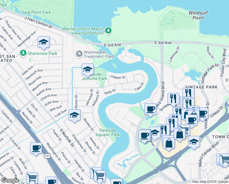 map of restaurants, bars, coffee shops, grocery stores, and more near 1347 Shoal Drive in San Mateo