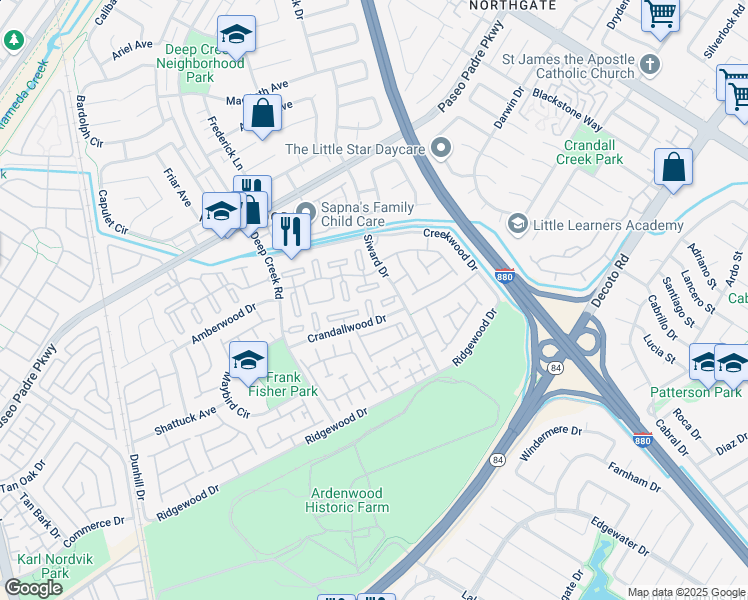 map of restaurants, bars, coffee shops, grocery stores, and more near 4952 Hildasue Terrace in Fremont
