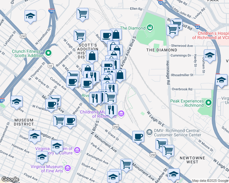 map of restaurants, bars, coffee shops, grocery stores, and more near 1117 North Arthur Ashe Boulevard in Richmond
