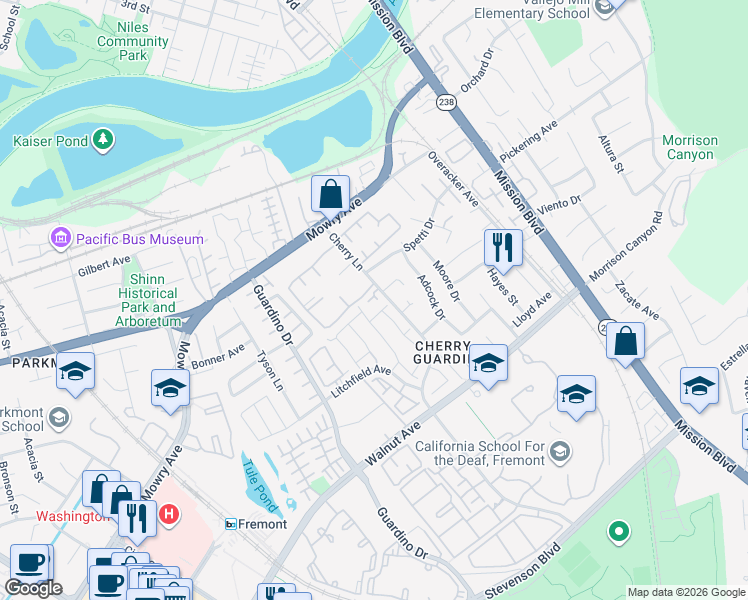 map of restaurants, bars, coffee shops, grocery stores, and more near 511 Bing Common in Fremont