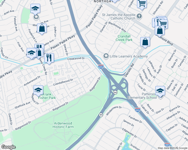 map of restaurants, bars, coffee shops, grocery stores, and more near 34783 Swain Common in Fremont
