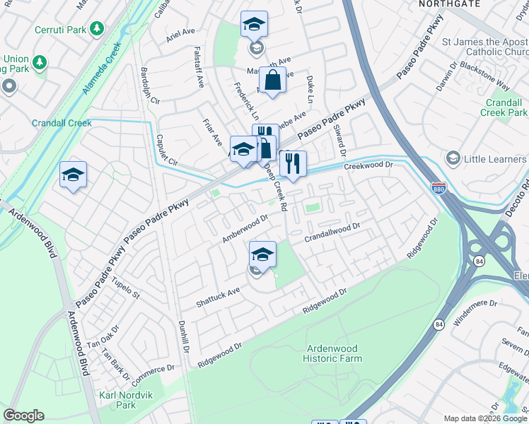 map of restaurants, bars, coffee shops, grocery stores, and more near 5061 Xavier Common in Fremont
