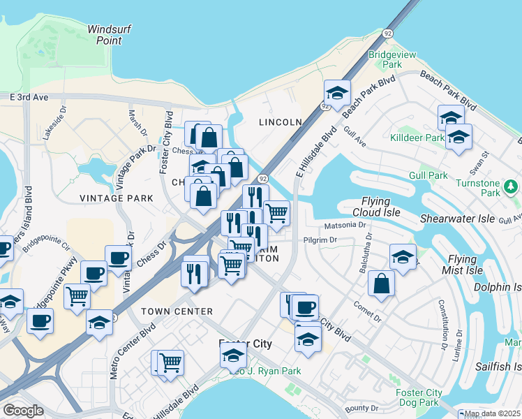 map of restaurants, bars, coffee shops, grocery stores, and more near 1175 Triton Drive in Foster City