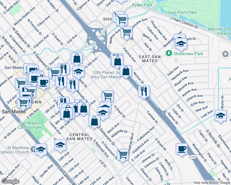 map of restaurants, bars, coffee shops, grocery stores, and more near 938 South Humboldt Street in San Mateo